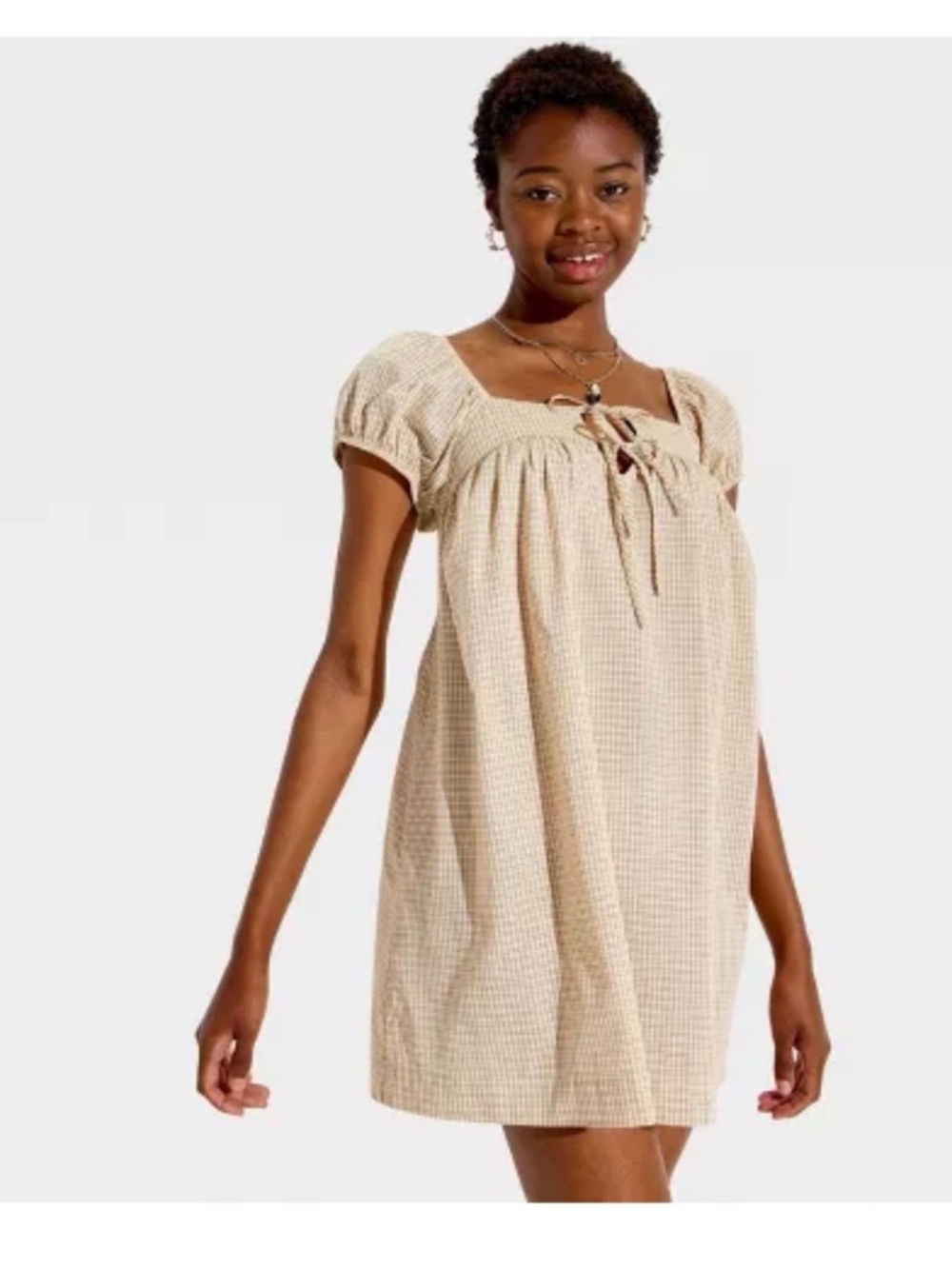 Women's Short Puff Sleeve Trapeze Mini Dress - Wild Fable™ Tan Plaid M